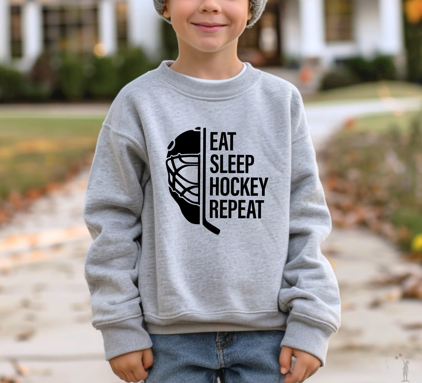 Eat Sleep Hockey Repeat Hockey T-Shirt and Sweatshirt for Kids Oakbury Designs Athletic Heather / Youth X-Large / Crewneck Sweats