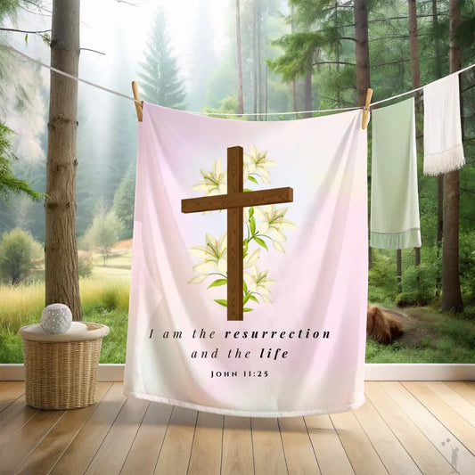 Cozy throw  -  faith-inspired design and uplifting Easter message - pink background, featuring a cross

