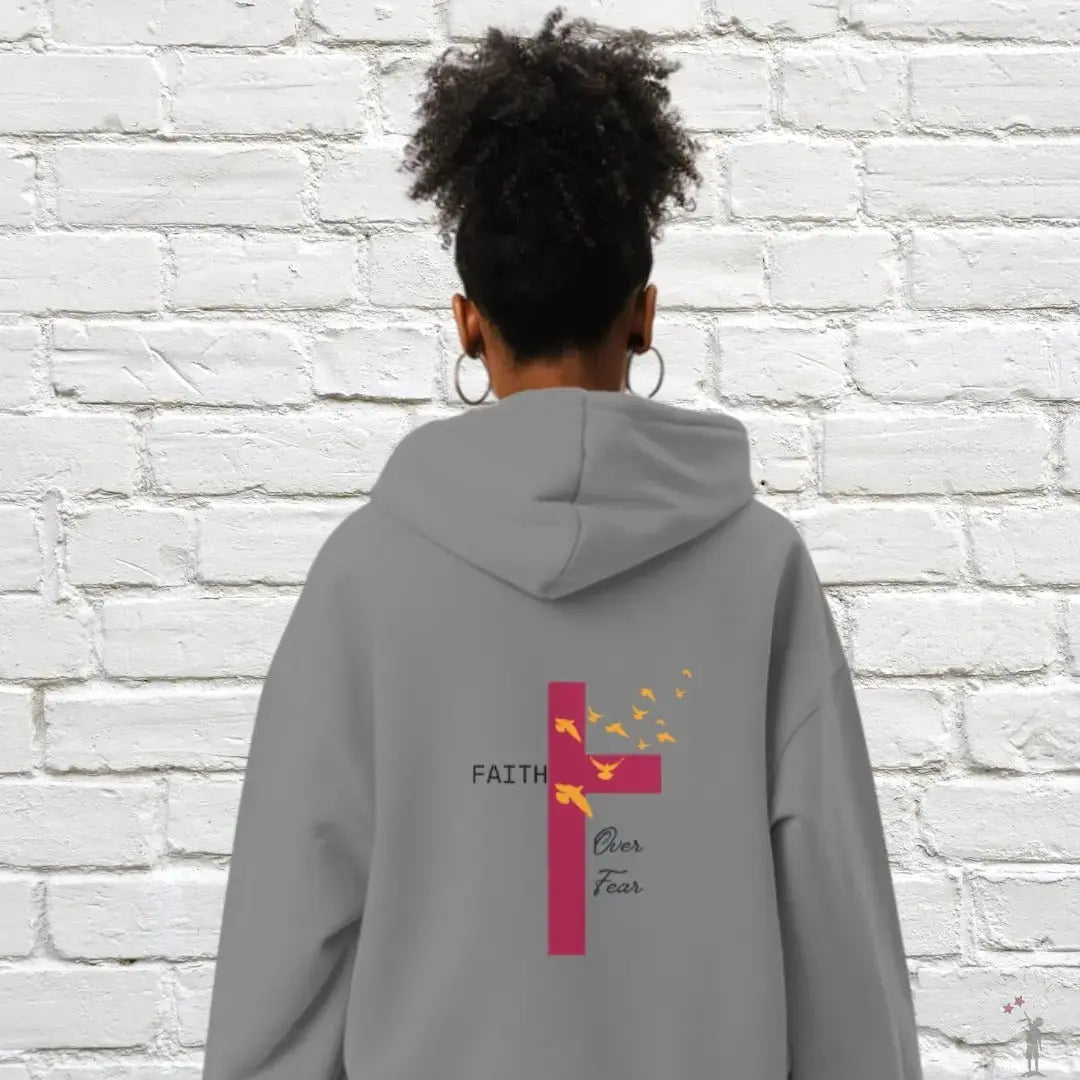 Back View Faith Over Fear Hoodie from Reach Love Connect – bold Christian statement hoodie with inspiring text