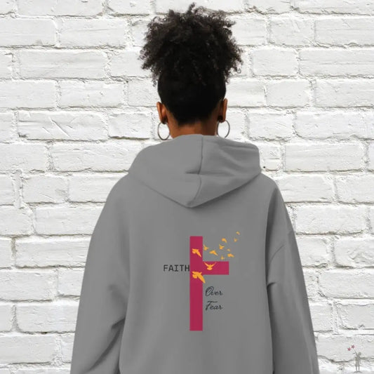 Back View Faith Over Fear Hoodie from Reach Love Connect – bold Christian statement hoodie with inspiring text