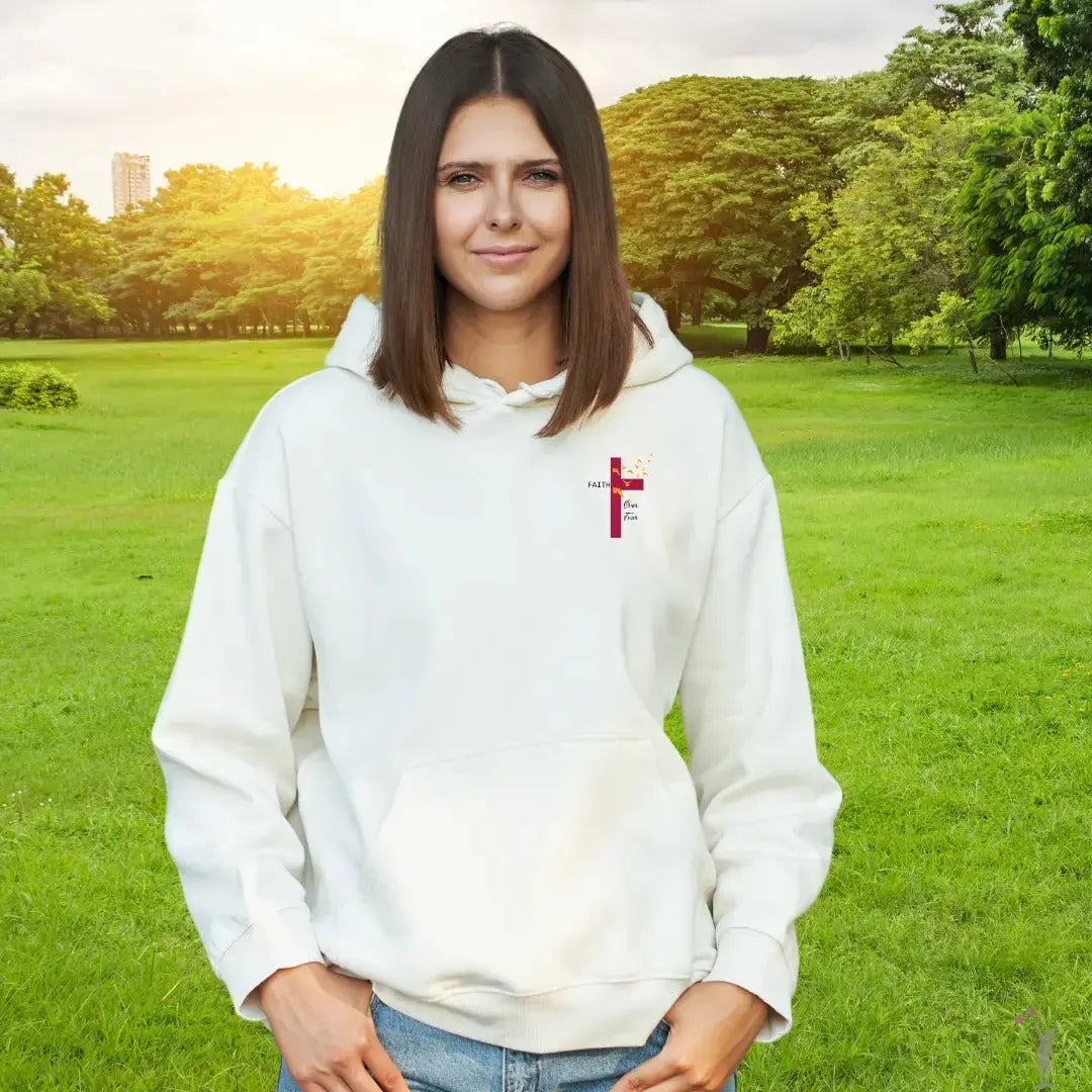 White Christian hoodie with Faith Over Fear statement, made in Montreal with soft polycotton blend for warmth and durability