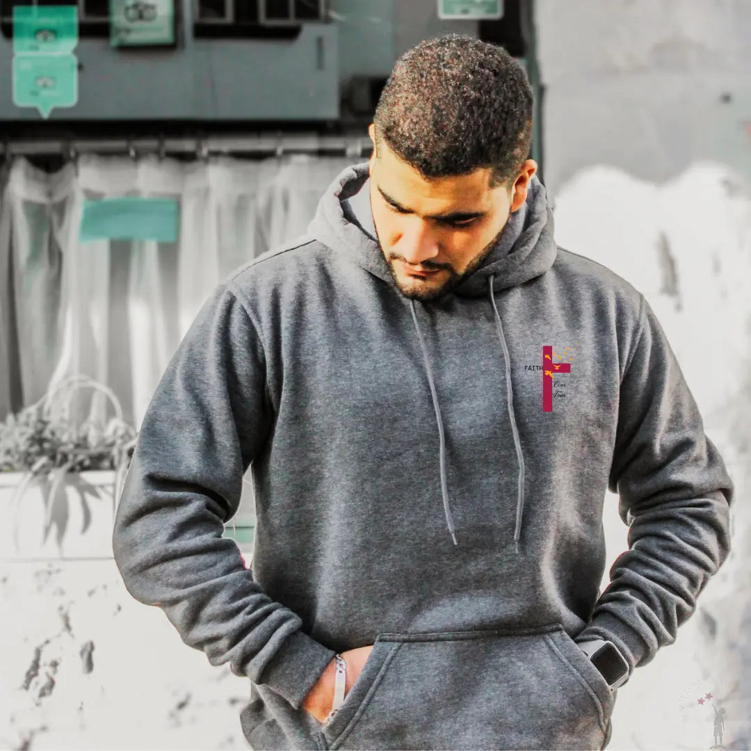 Unisex Faith Over Fear Hoodie with bold Christian message design, cozy polycotton fabric, and classic pullover style - Grey