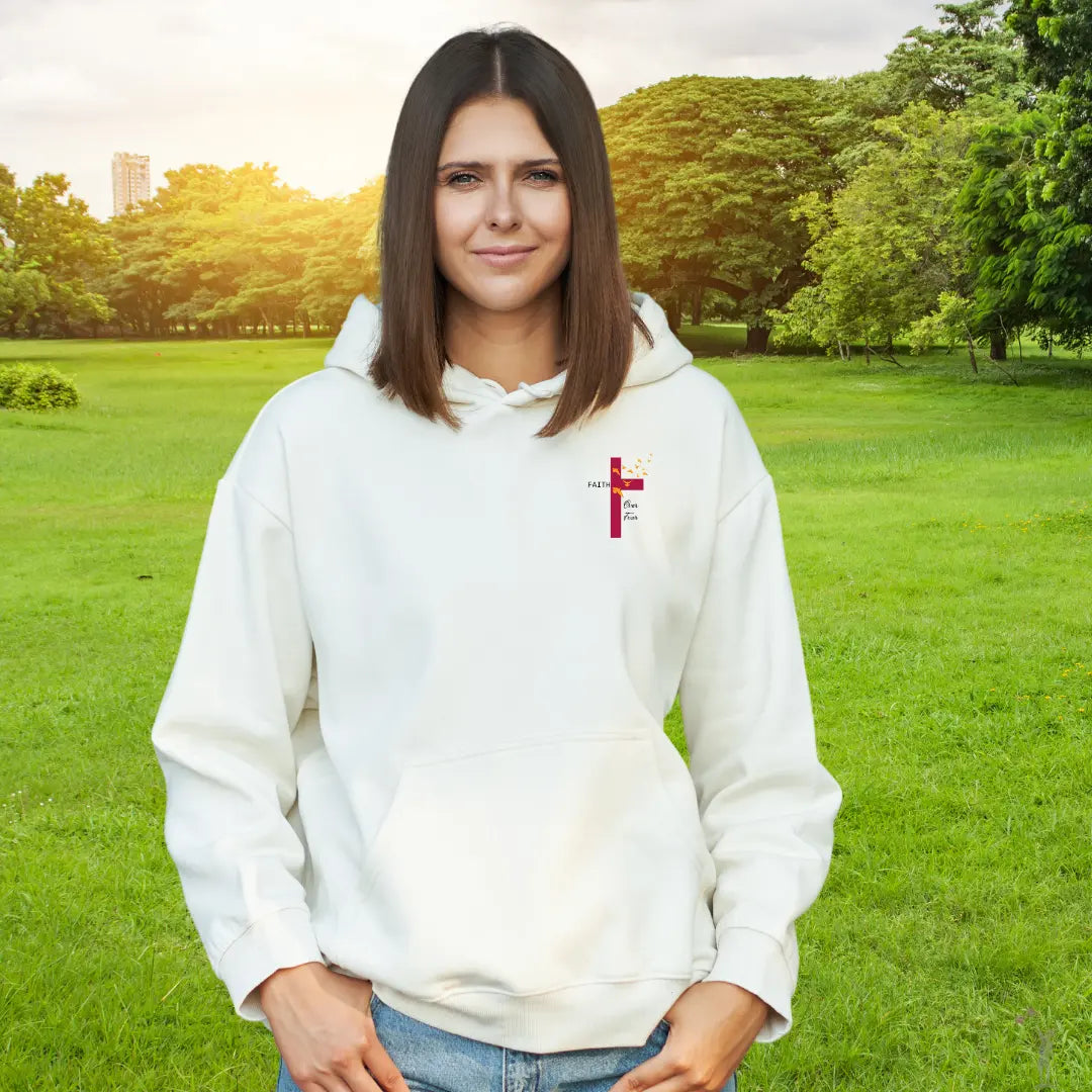 
White Christian hoodie with Faith Over Fear statement, made in Montreal with soft polycotton blend for warmth and durability
