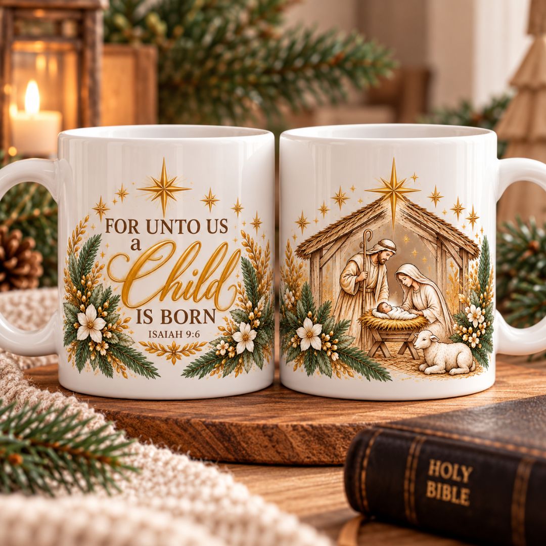 Christian Christmas Manger Mug Front and Back view 