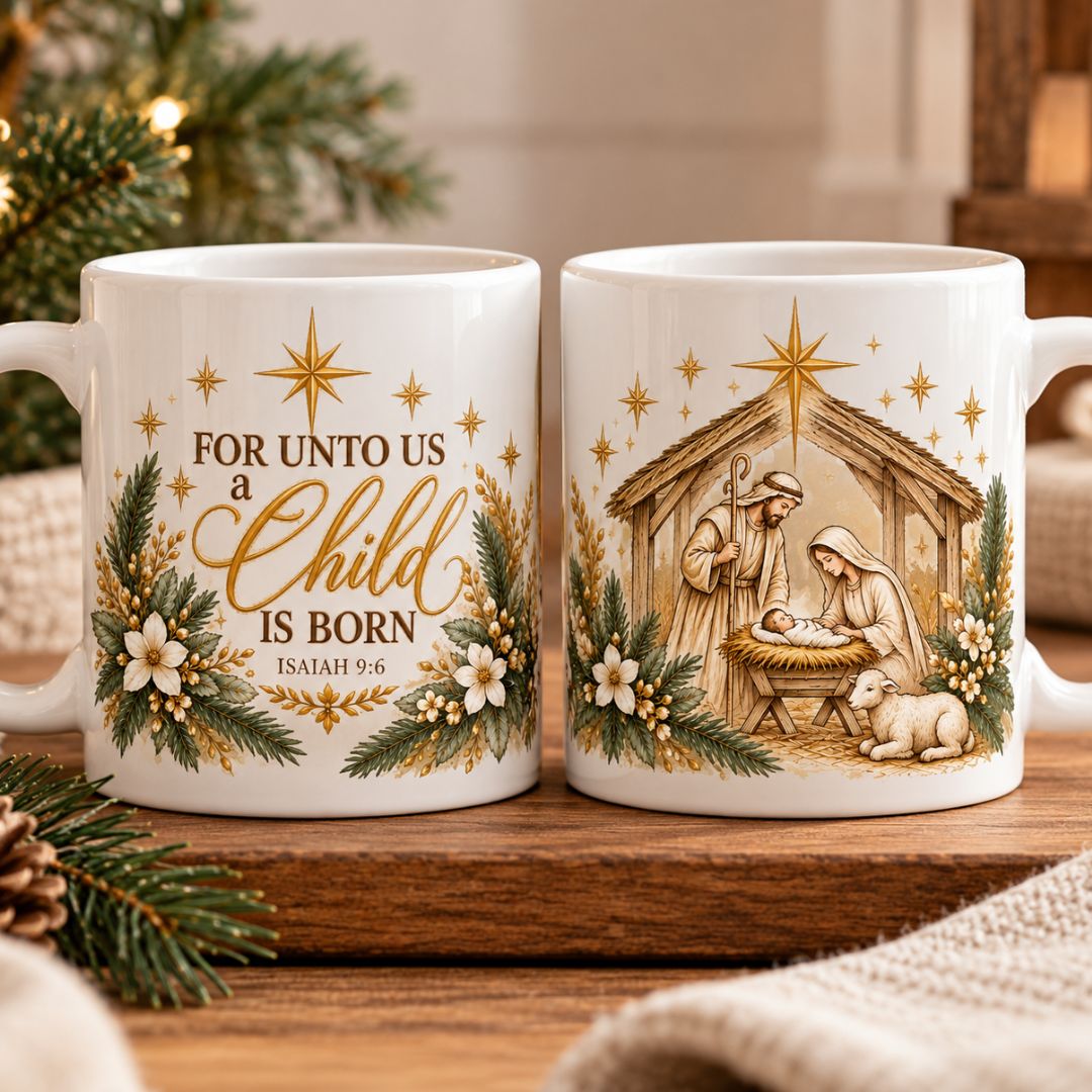 Christmas Mug on wooden table Birth of Christ image
