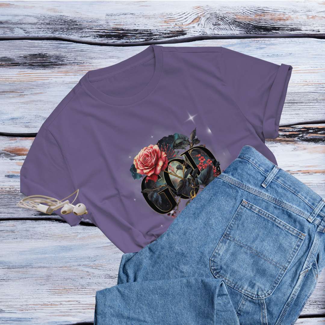 Purple Ladies God is the Gardener T-Shirt with faith-inspired design, soft cotton fabric, and slim flattering fit