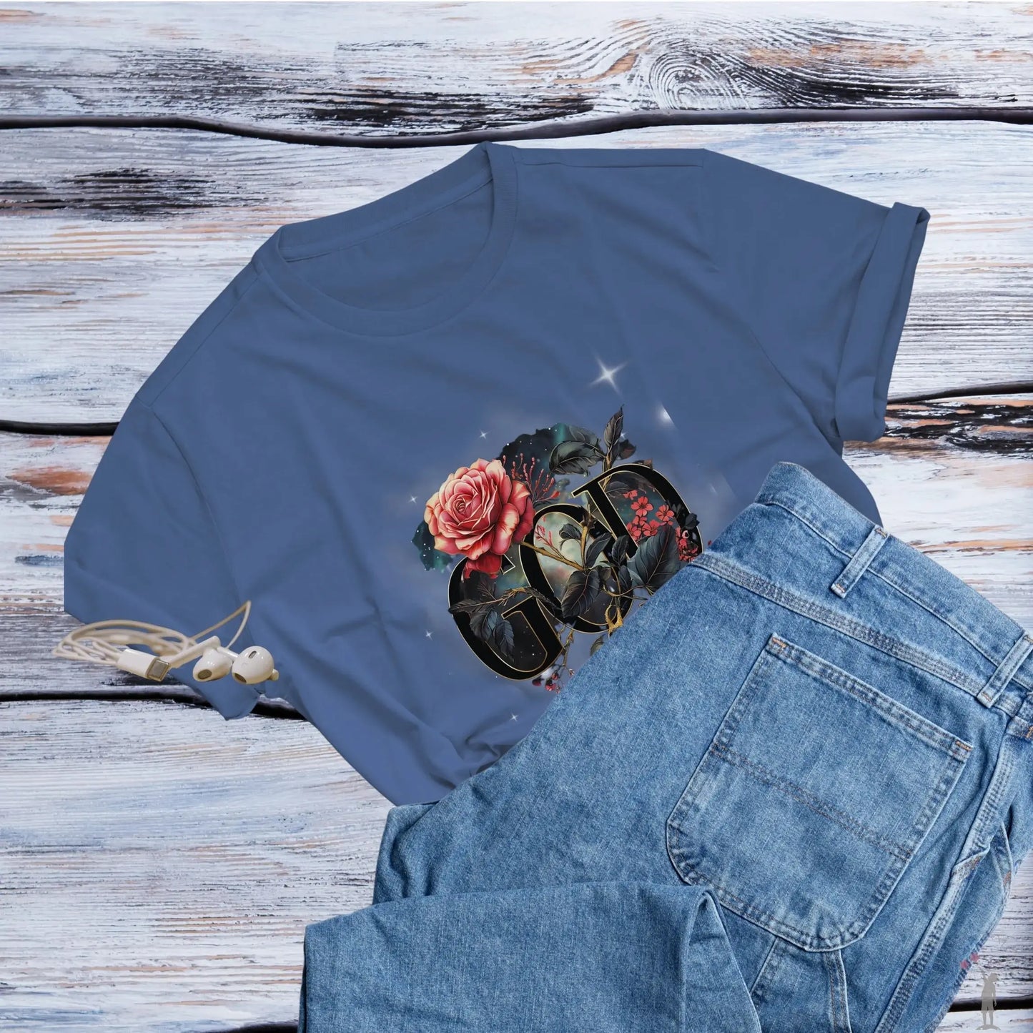 Christian women’s tee featuring “God is the Gardener” graphic, lightweight and comfortable for daily wear - blue.