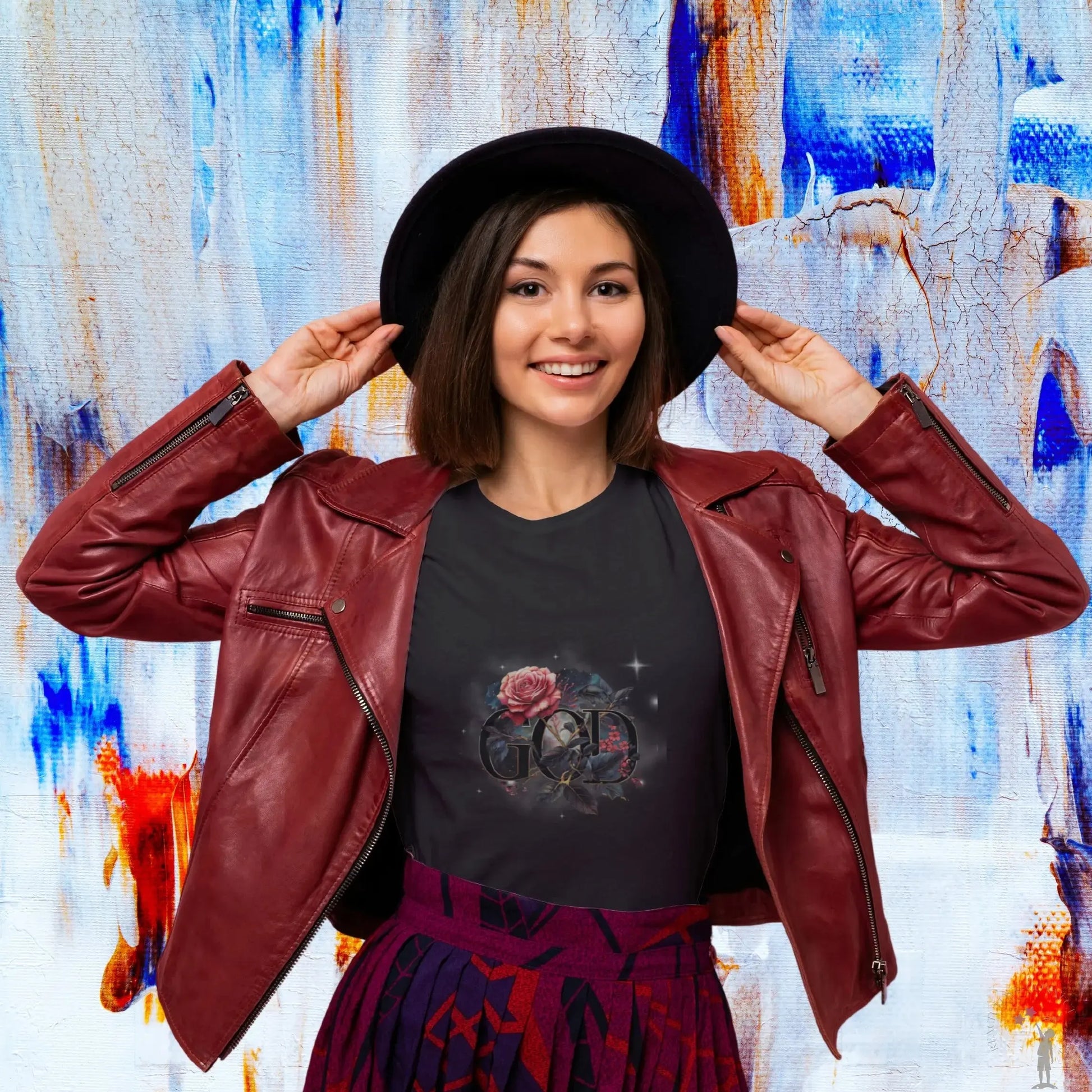 Ladies slim-fit tee in black with God is the Gardener print, short capped sleeves, and comfortable lightweight construction.