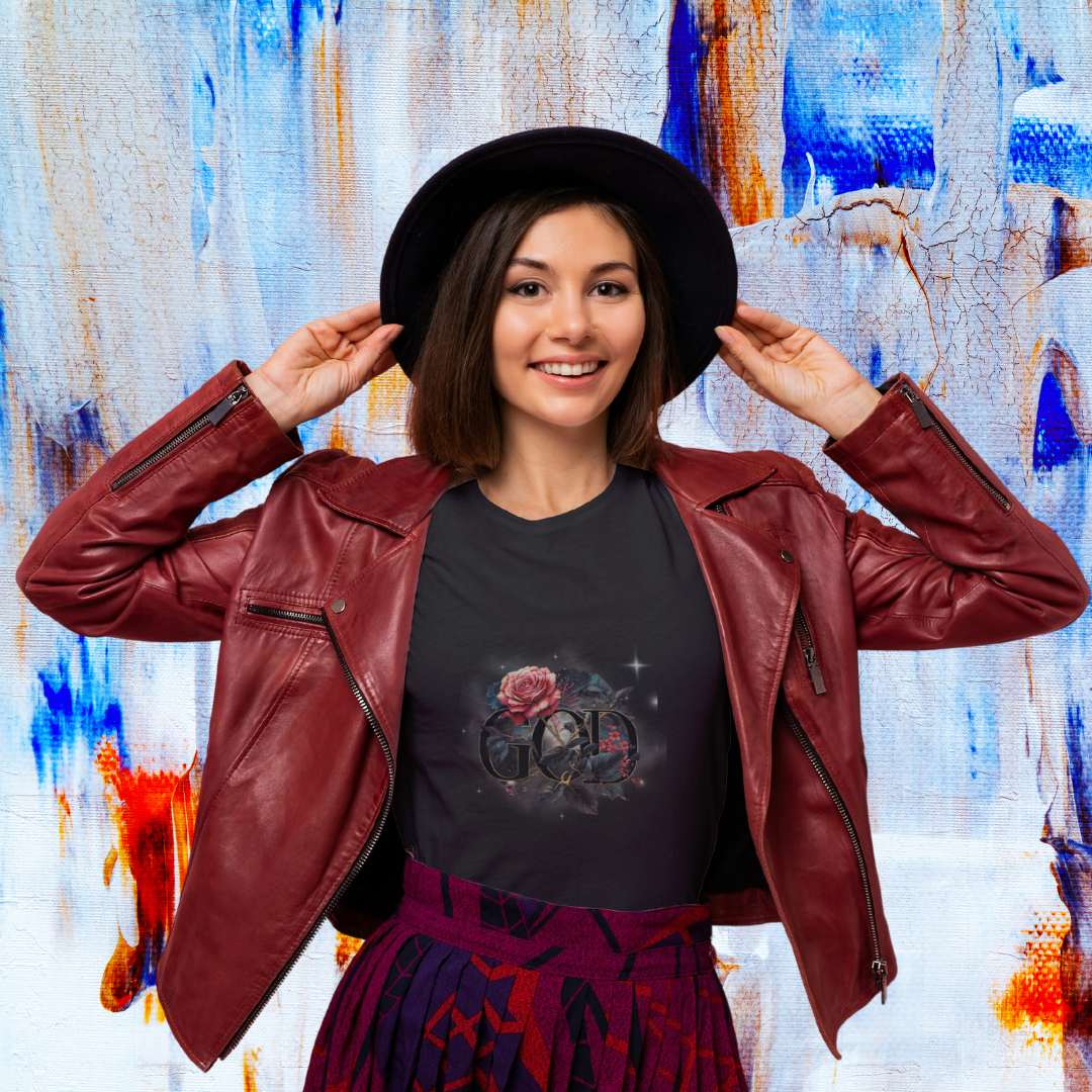 Ladies slim-fit tee in black with God is the Gardener print, short capped sleeves, and comfortable lightweight construction.