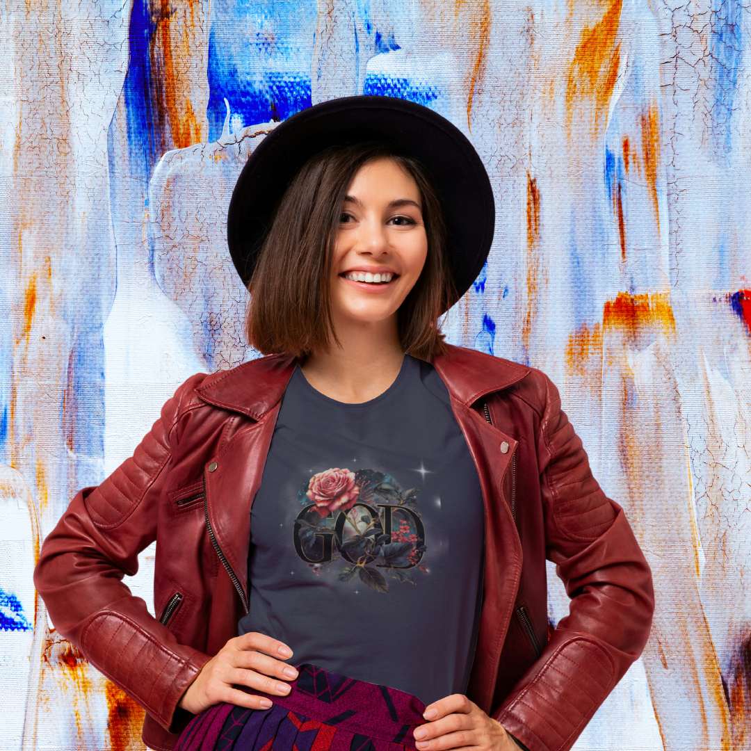 Slim-fit Ladies God is the Gardener tee, soft cotton fabric, short-capped sleeves, and inspiring Christian message.