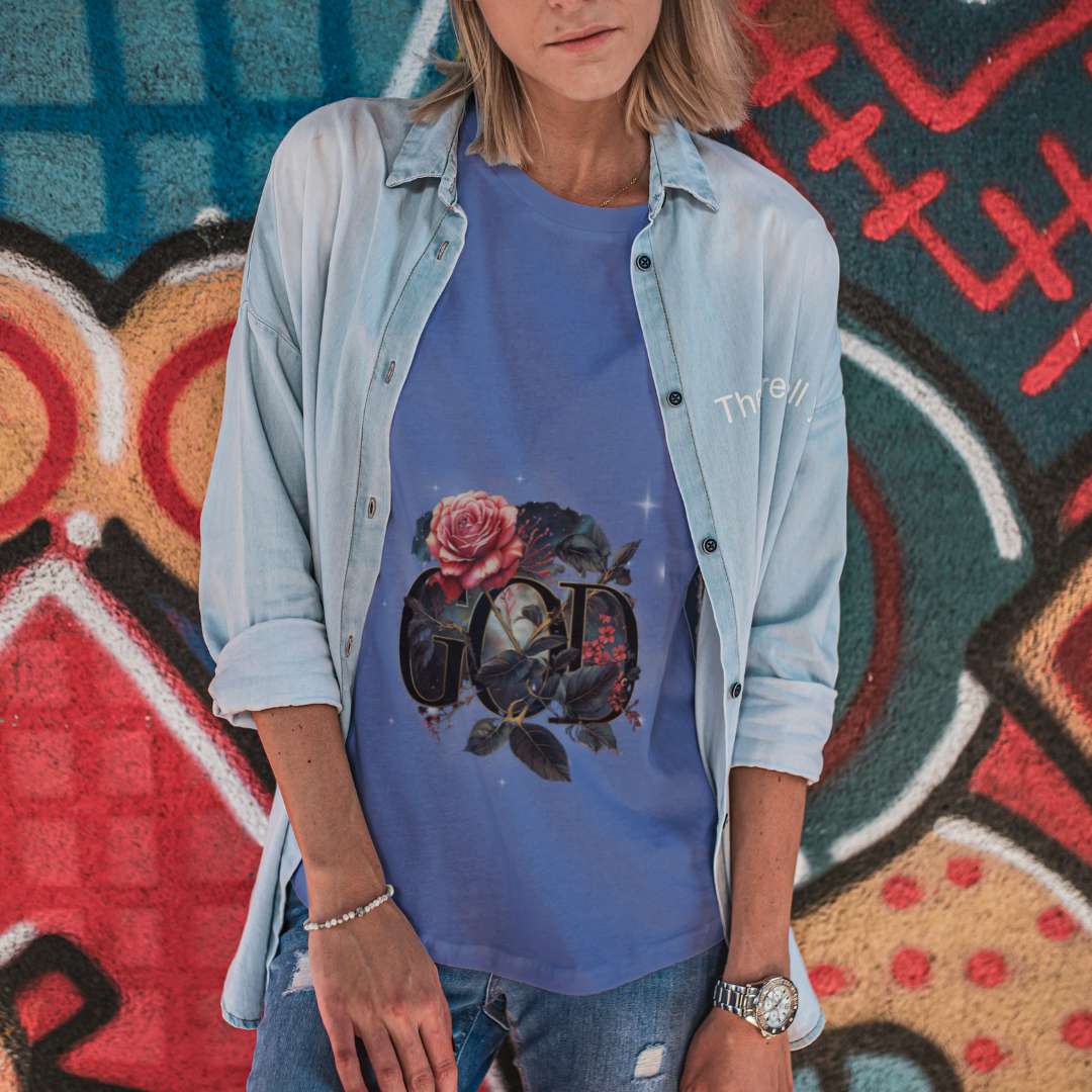 Stylish faith-based t-shirt for women, God is the Gardener design, figure-flattering slim fit and soft cotton material.