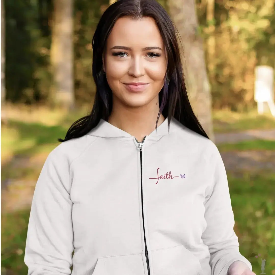 Fashion-forward zippered hoodie for women, Graceful Faith design, offering warmth, style, and everyday versatility.