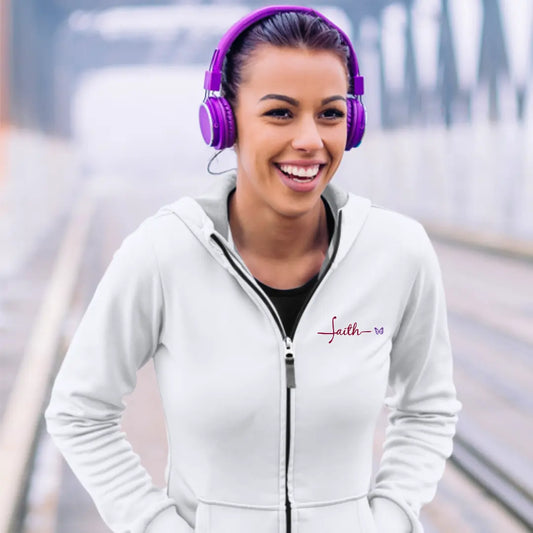White Graceful Faith women’s hoodie with zipper front, butterfly-inspired design, and plush inner layer for comfort