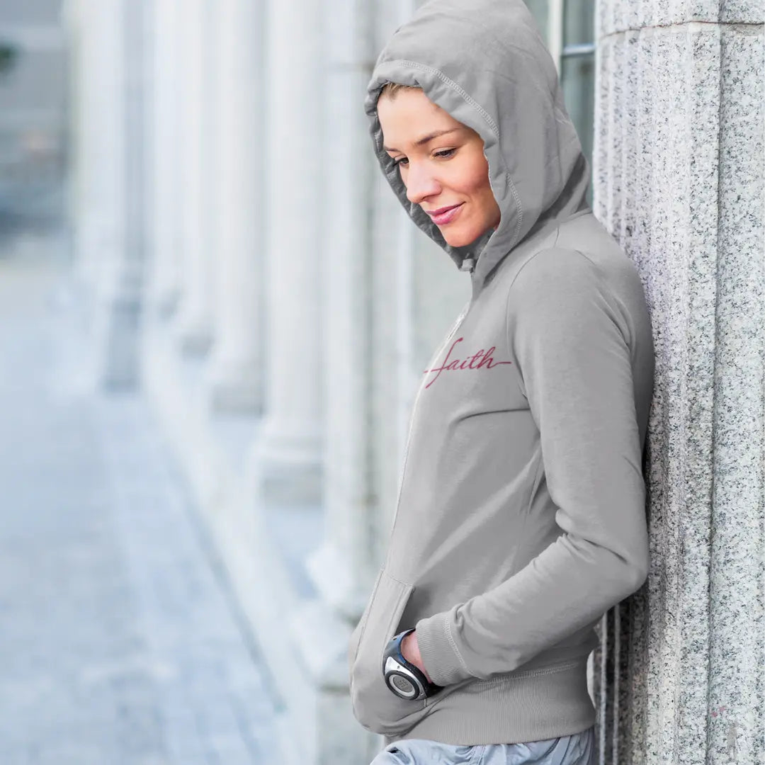 Ladies premium Graceful Faith hoodie with fleece-lined hood, full zipper, and elegant faith-inspired design