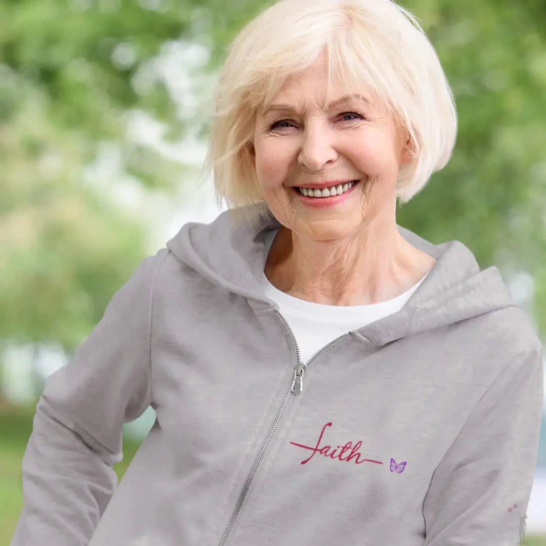 Cozy Graceful Faith zippered hoodie for women, soft cotton blend with stylish fit and comfort for daily wear