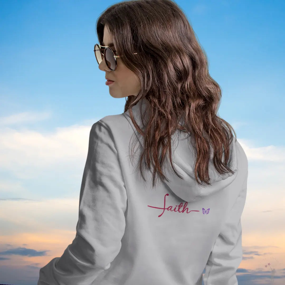 Women’s Graceful Faith zip-up hoodie featuring durable heavy-weight construction and double fleece-lined hood grey