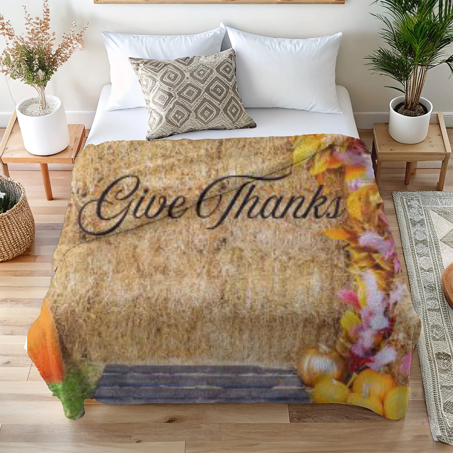Bed with 'Give Thanks' blanket featuring pumpkins and flowers - limited edition