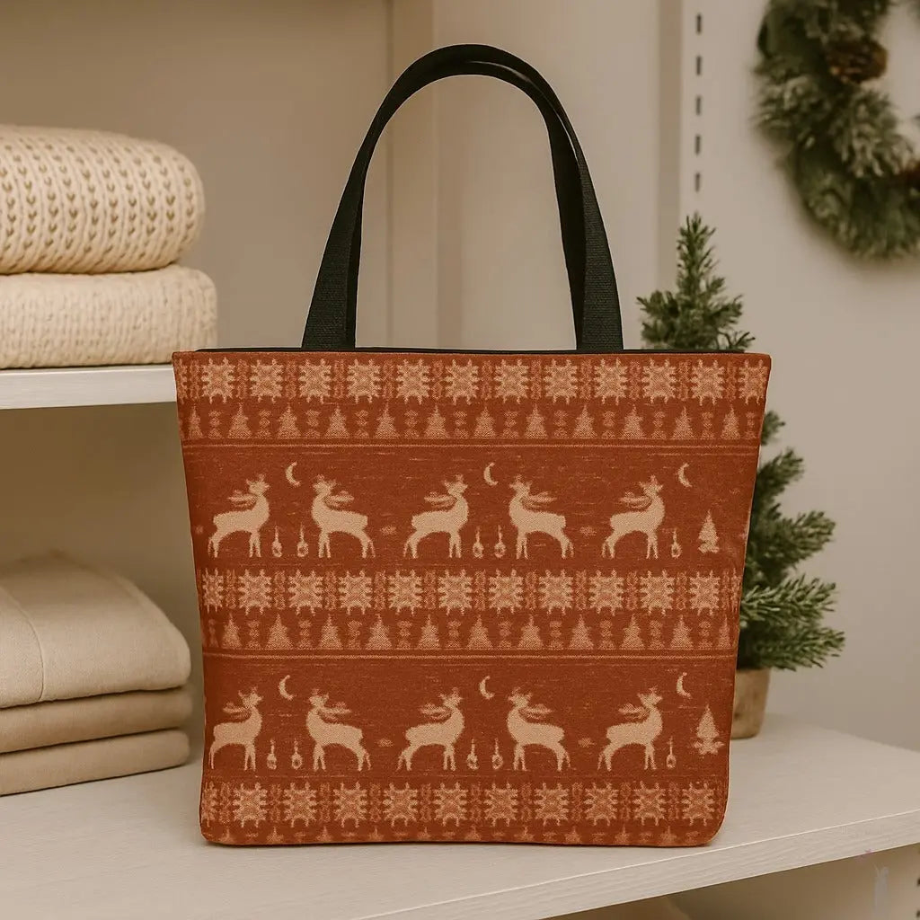 Brownish orange tote bag with deer pattern on a shelf with decorative items