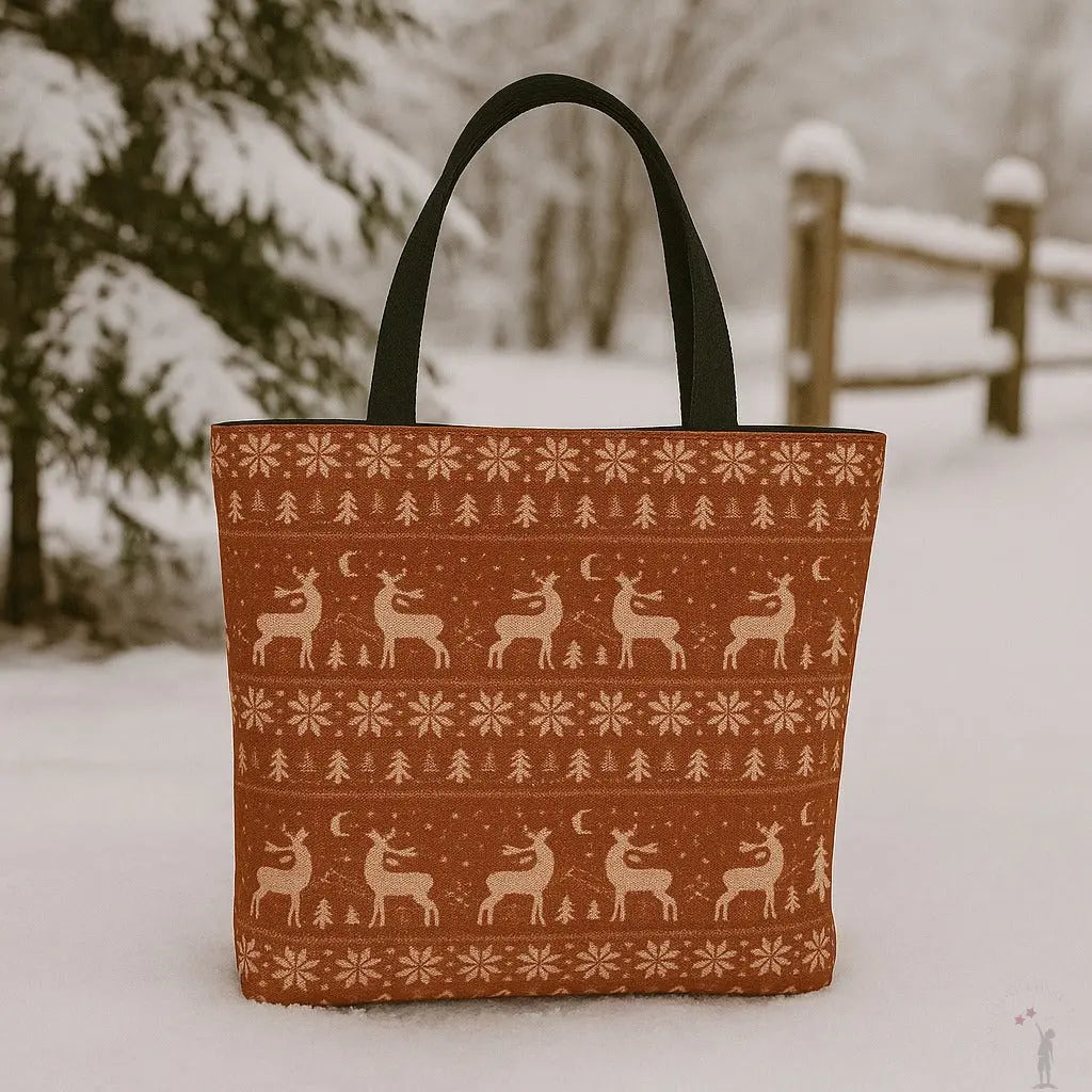 Tote bag with deer pattern in a snowy landscape