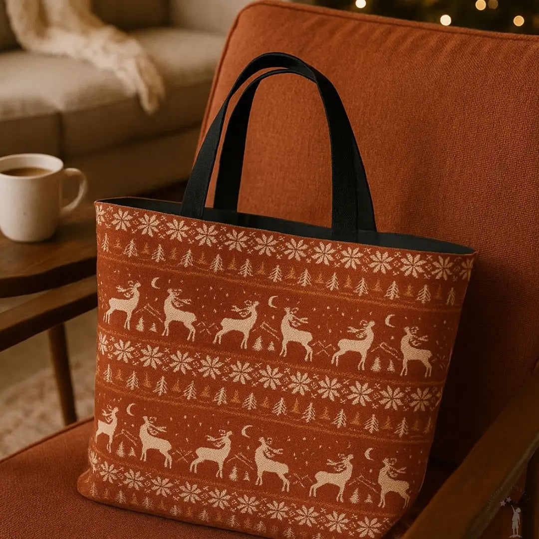 Patterned with Reindeers tote bag on a orange rust chair with a cup of coffee in the background