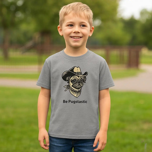 Child wearing a gray t-shirt with a pug graphic and text in a park
