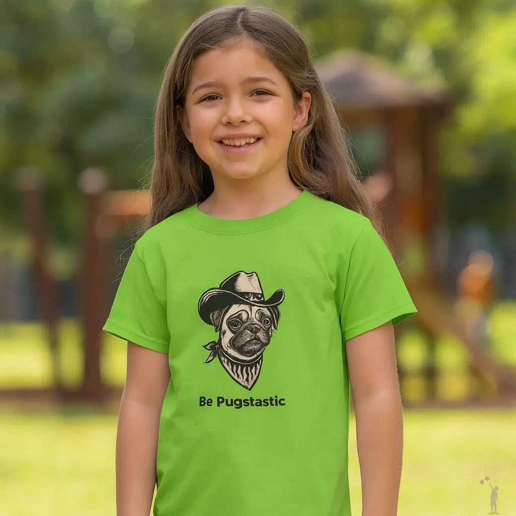Young girl wearing a green t-shirt with a pug graphic and text, standing outdoors.