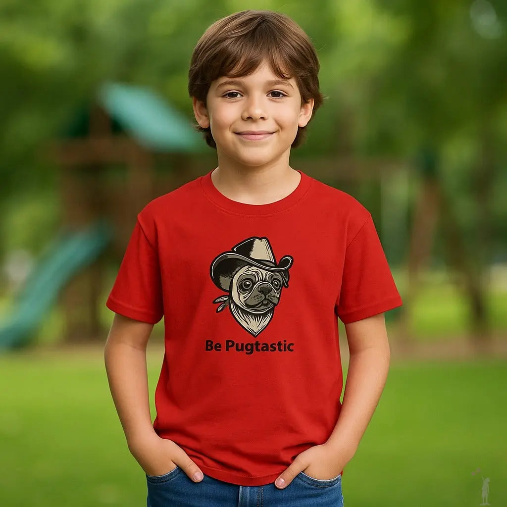 Child wearing a red t-shirt with a pug graphic and text in an outdoor setting