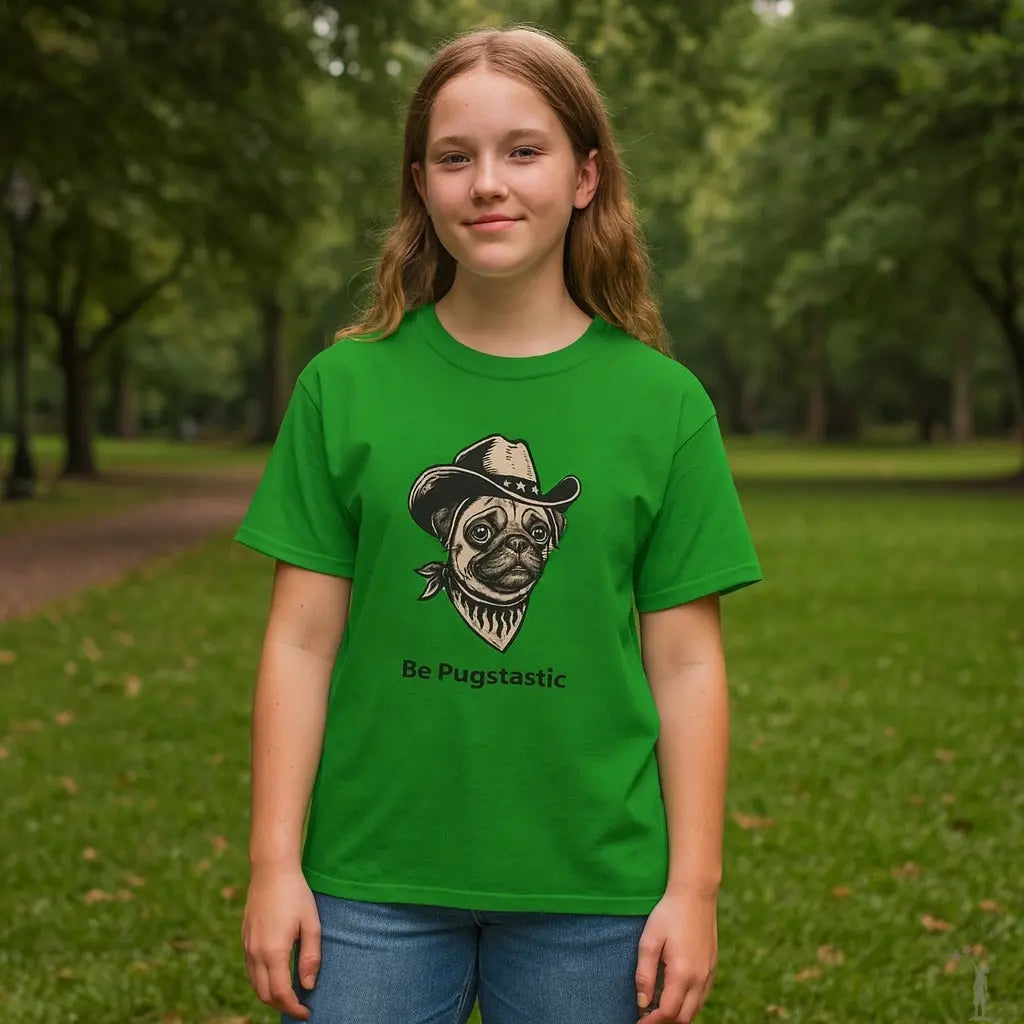 Person wearing a green t-shirt with a pug graphic and text in a park setting