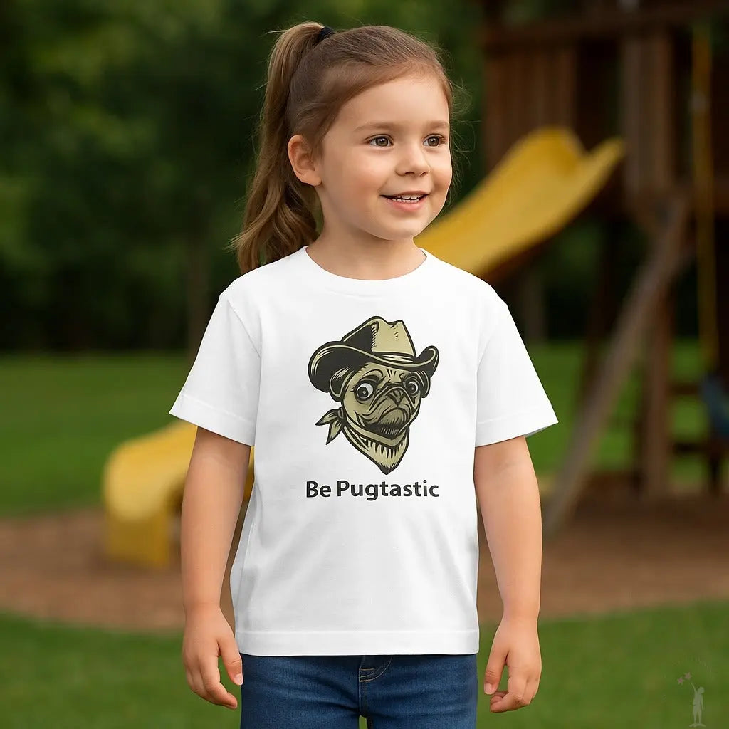 Child wearing a white t-shirt with a pug graphic and 'Be Pugtastic' text in a playground setting.