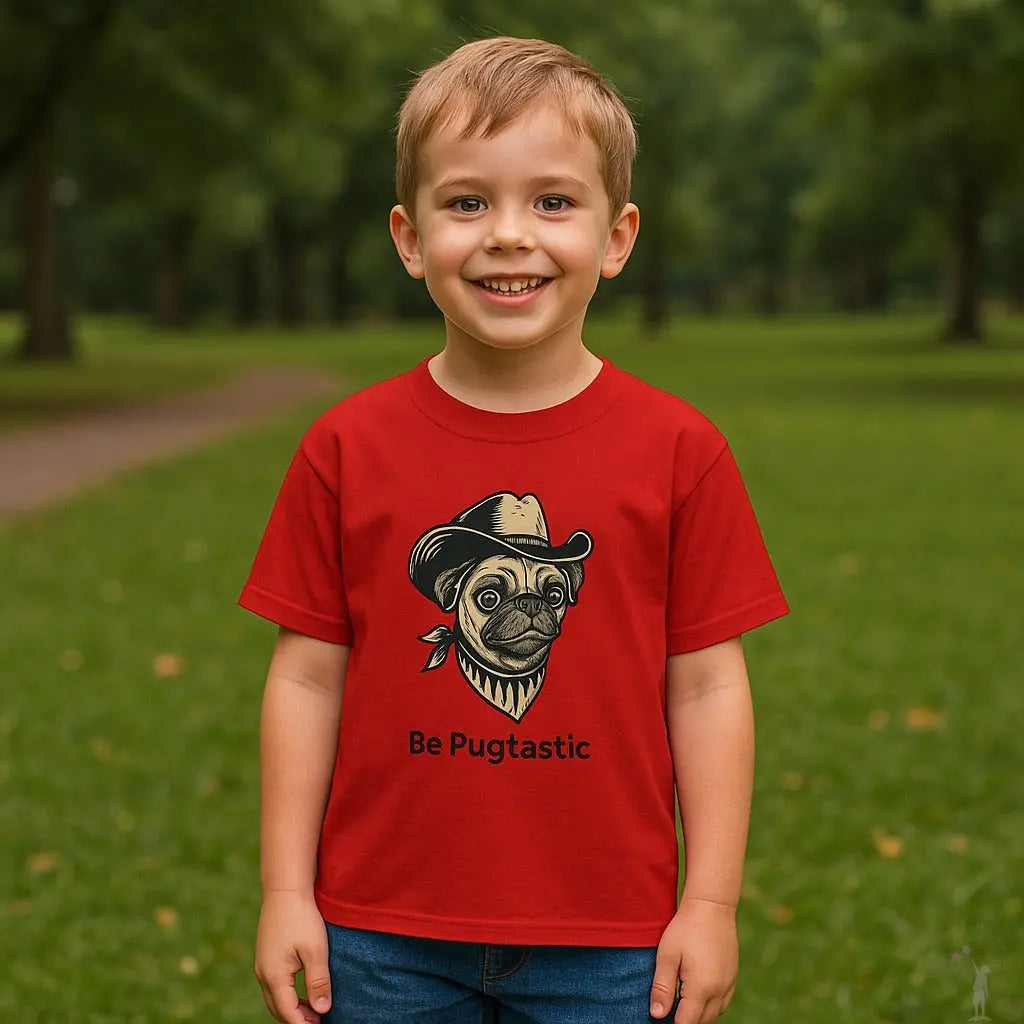Small boy in park wearing red tshirt with pug in cowboy hat graphic