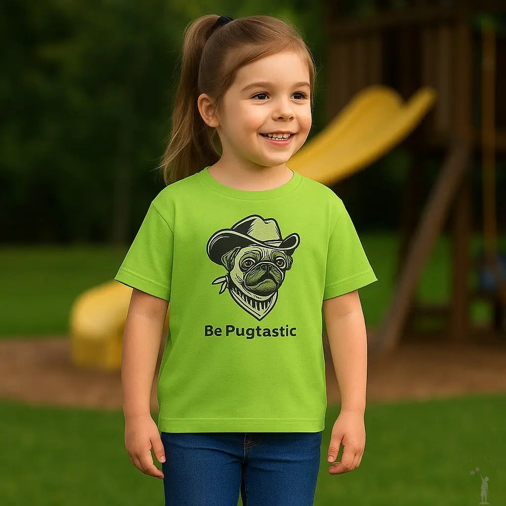 Small girld wearing lime green tshirt with pug image in a cowboy hat