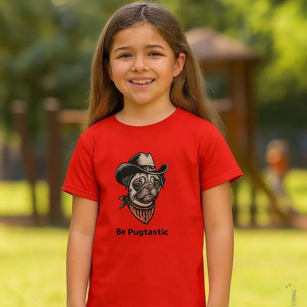 Girl wearing red t shirt with image of pug wearing a cowboy hat