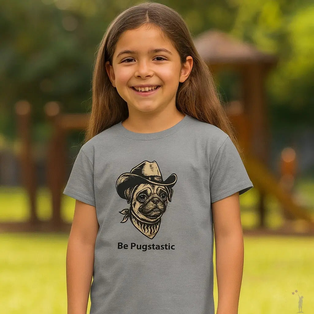 Young girl wearing a gray t-shirt with a pug graphic and text, standing outdoors.