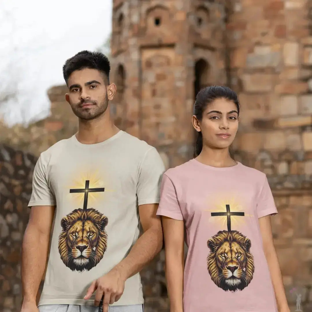 Soft cotton unisex tee with inspirational King of Kings design. Lion and cross artwork reflect strength, courage, and Christian faith