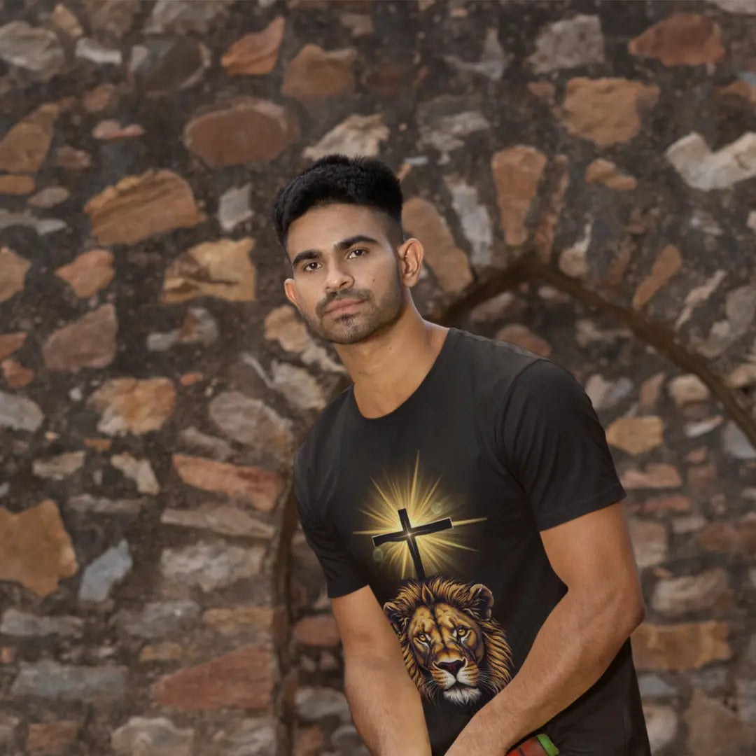 Unisex premium King of Kings tee with majestic lion and cross graphic. Super soft fabric for comfort and spiritual expression