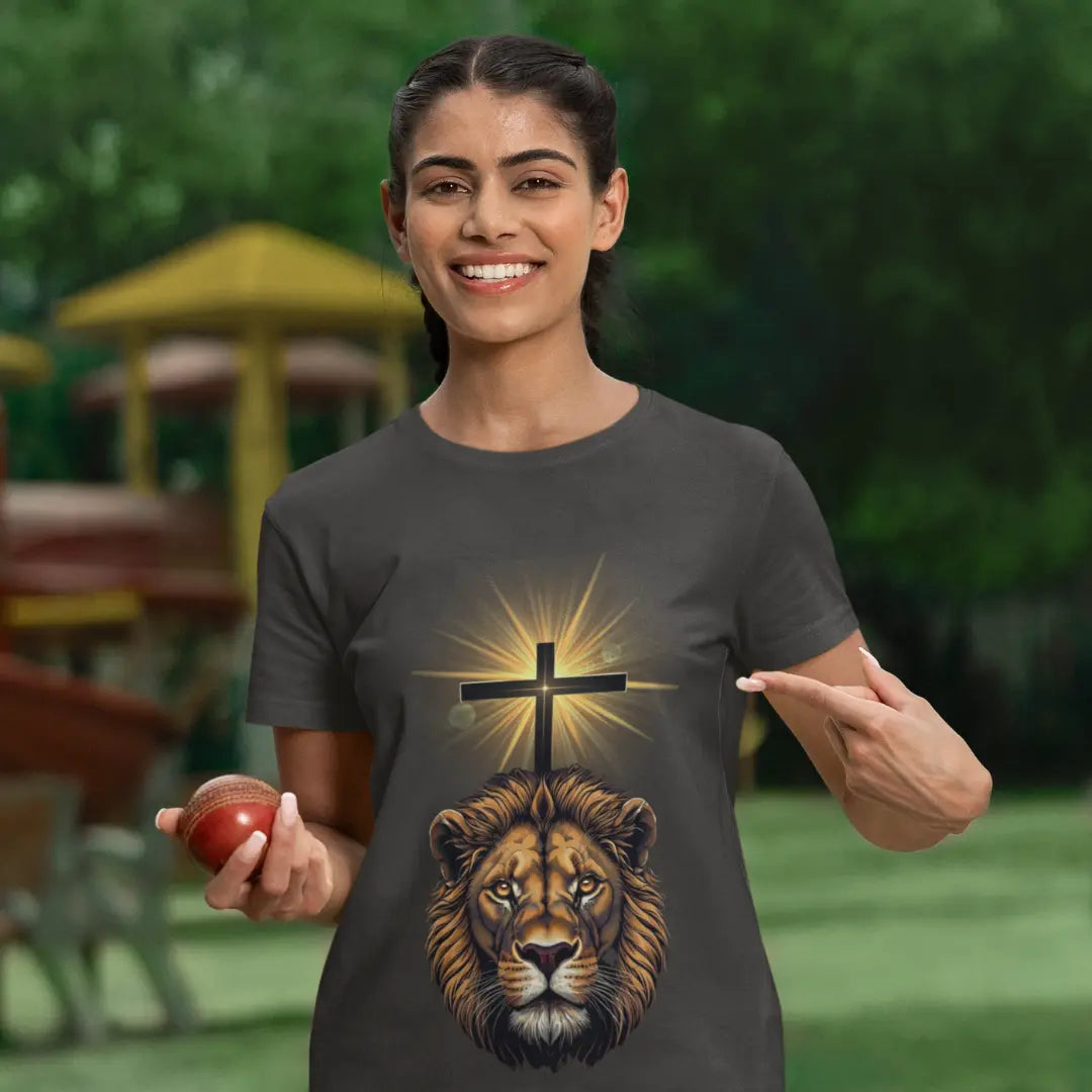 Christian-inspired unisex tee in premium cotton blend with lion and cross print. King of Kings design celebrates faith and courage