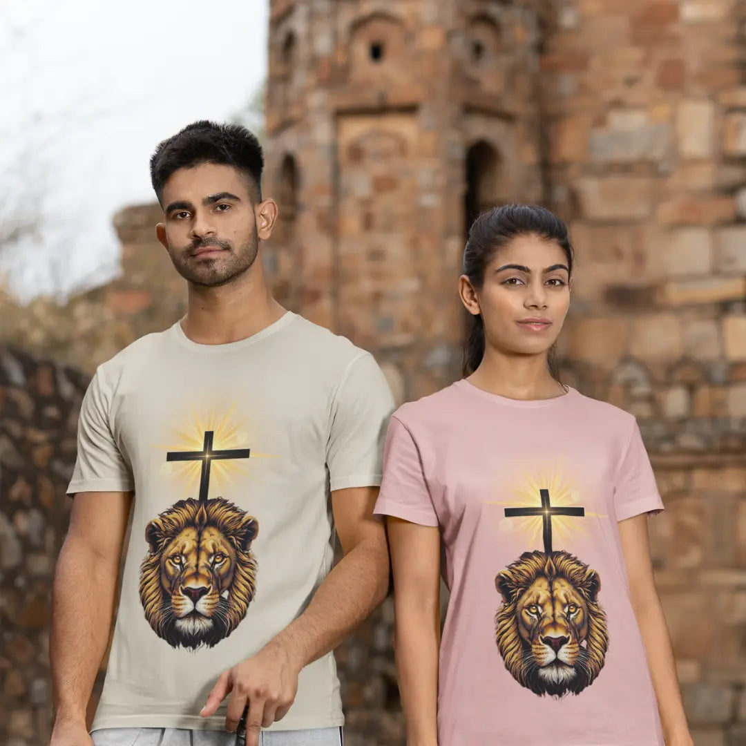 Soft cotton unisex tee with inspirational King of Kings design. Lion and cross artwork reflect strength, courage, and Christian faith