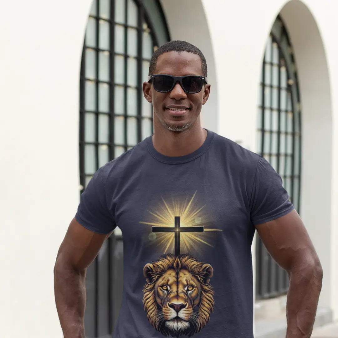 Blue Premium King of Kings crewneck t-shirt for men and women, with lion and cross graphic symbolizing courage, strength, and faith