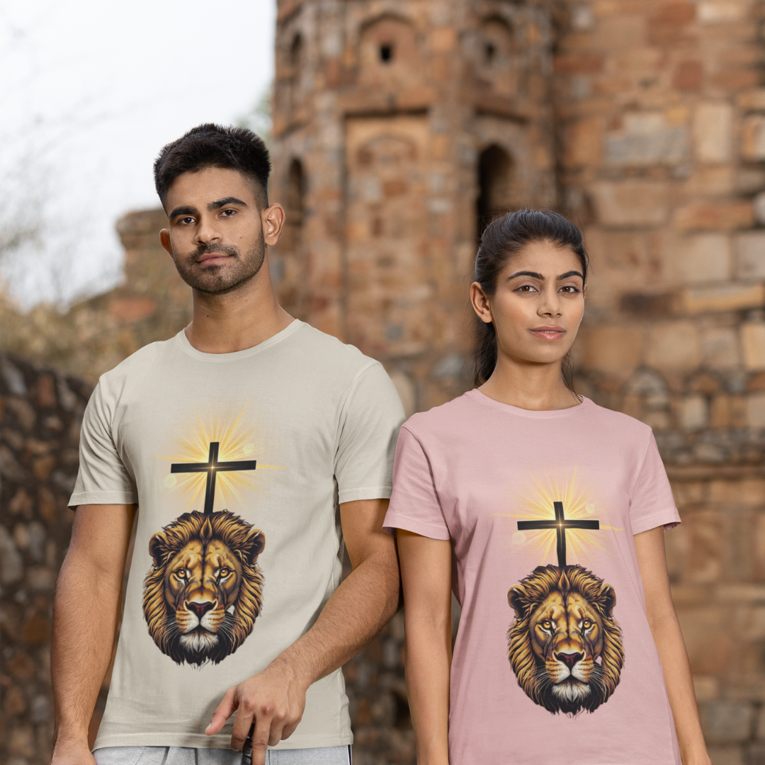 King of Kings Unisex Tee featuring a bold graphic of a lion and a cross, symbolizing strength and faith – available at Reach Love Connect Boutique