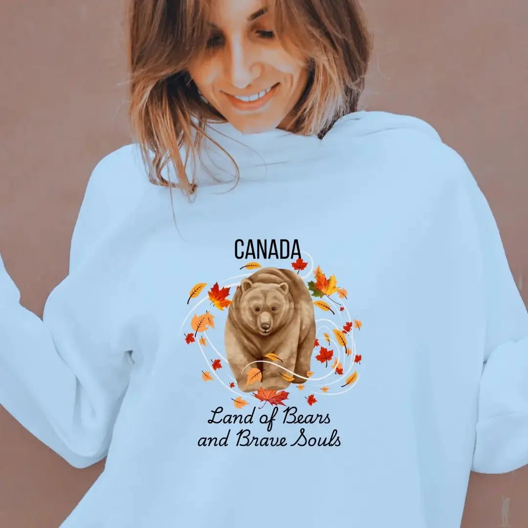 Ladies Canadian Bears and Brave Souls Hoodie with wilderness-inspired bear design, cozy fleece, and relaxed fit.