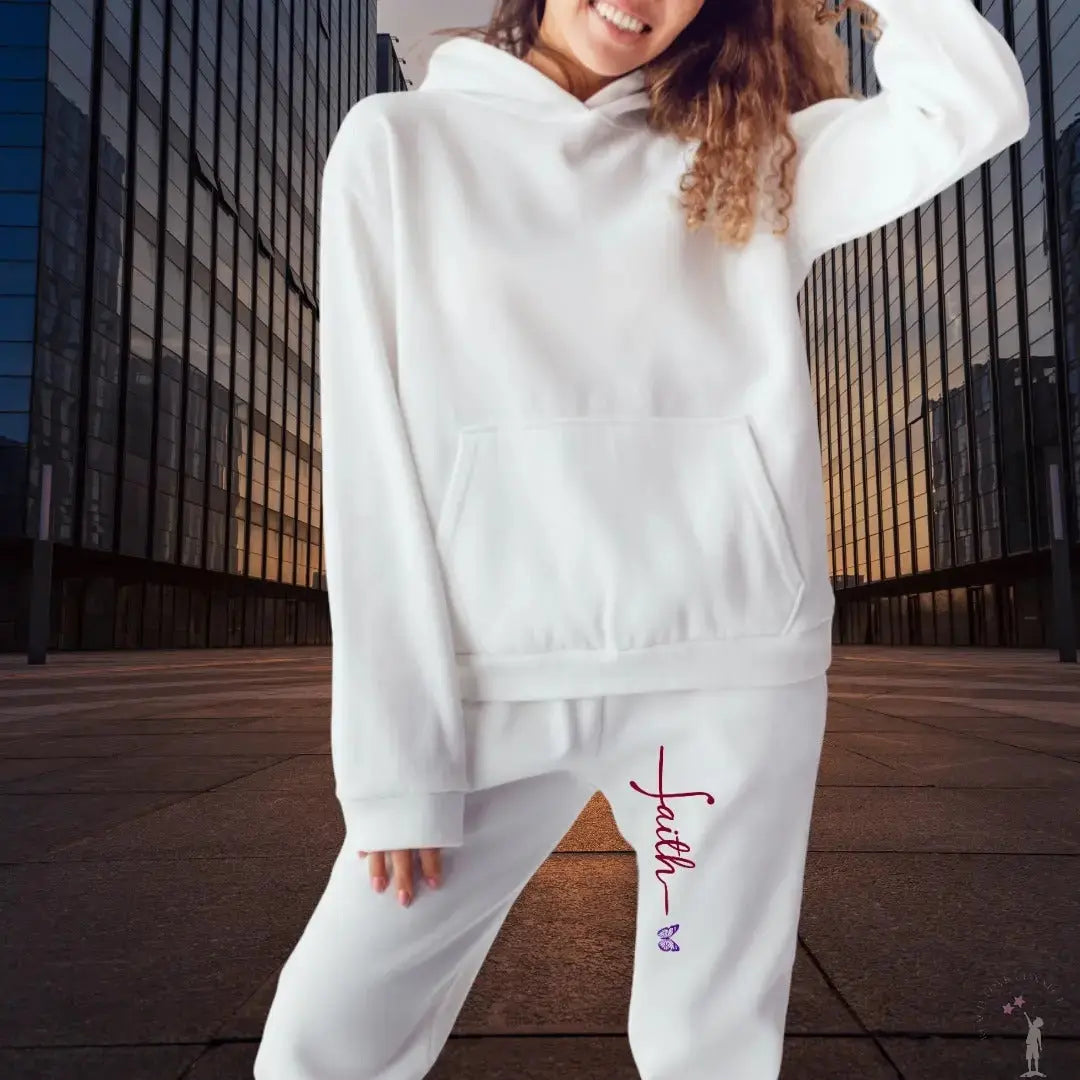Graceful Faith jogger pants in cotton-poly blend fleece, cozy loungewear with durable butterfly design print