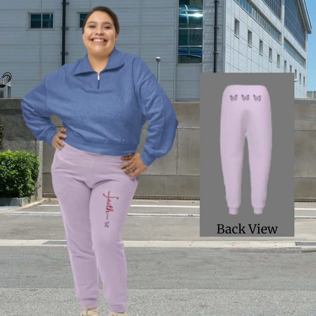 Elegant women’s joggers with Graceful Faith butterfly design, cozy fleece fabric, and roomy side pockets 