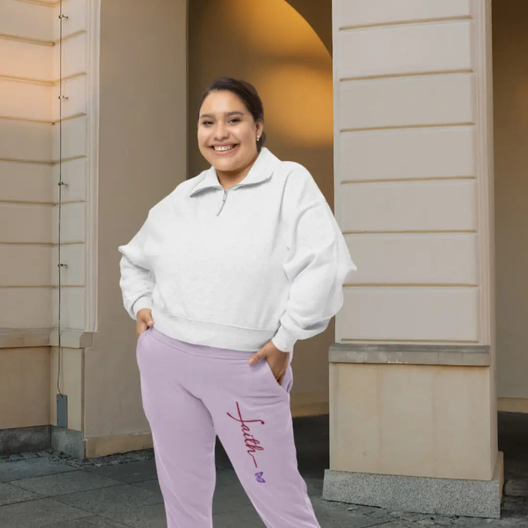 Purple - Comfortable and stylish Graceful Faith joggers for women, featuring butterfly artwork and modern loungewear design