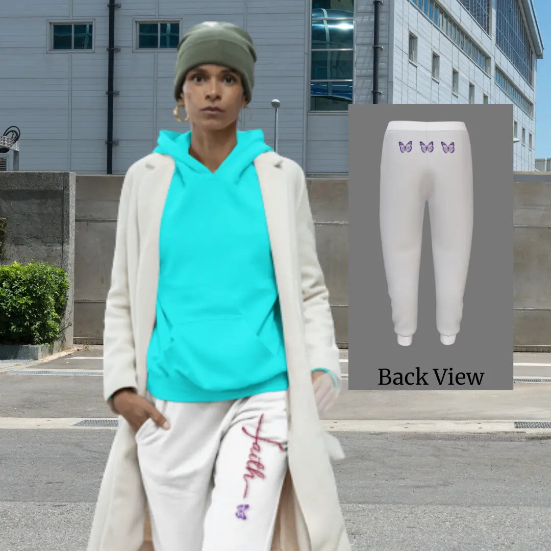 Women’s Graceful Faith Lounge Joggers with butterfly motif, stylish fit, and pill-resistant premium fabric