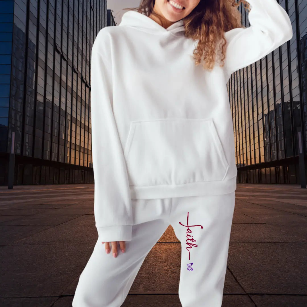Graceful Faith jogger pants in cotton-poly blend fleece, cozy loungewear with durable butterfly design print
