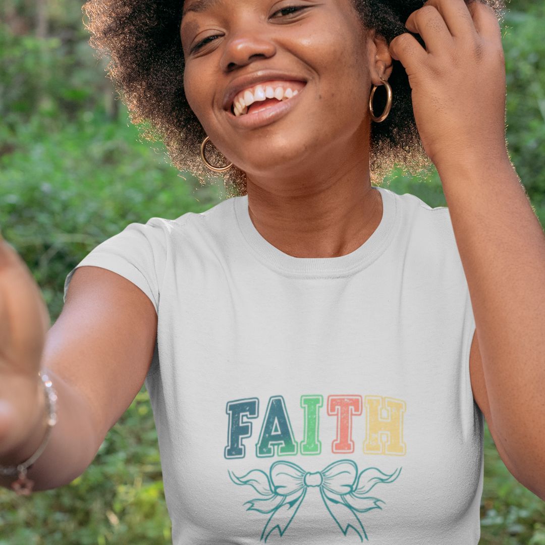Faith-Based T-Shirt Women white fitted style – side view