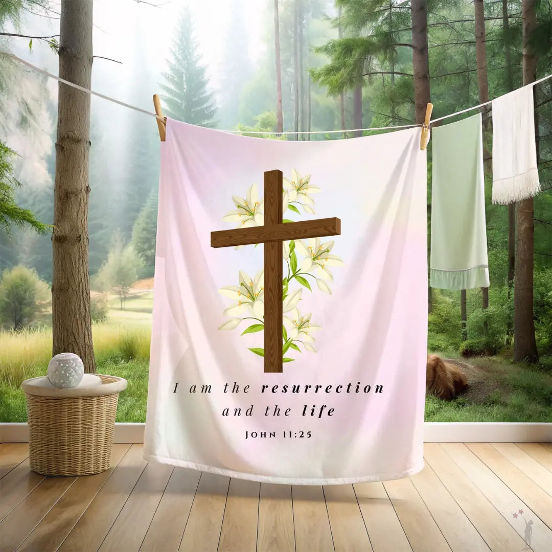 Cozy throw  -  faith-inspired design and uplifting Easter message - pink background, featuring a cross


