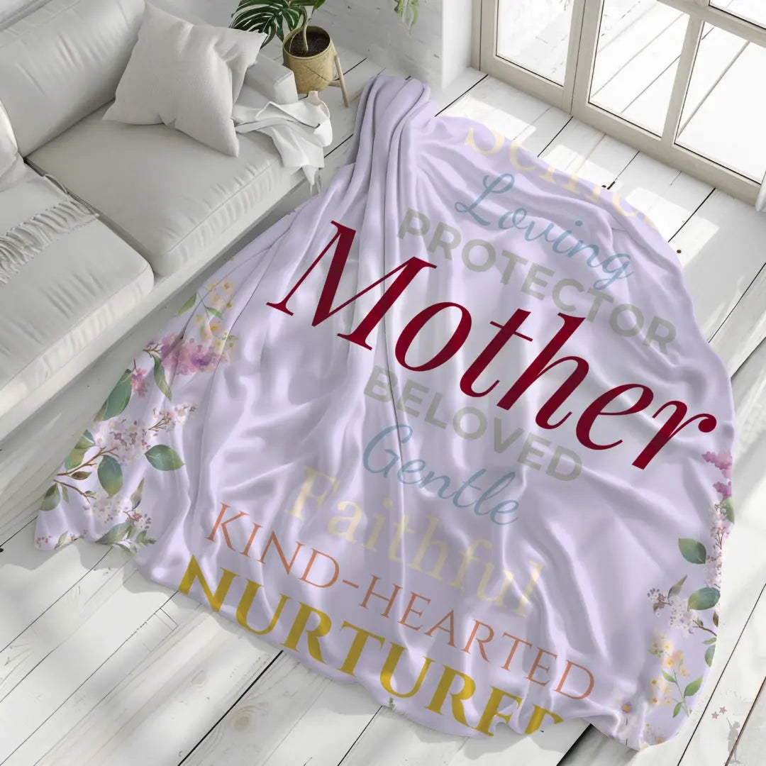 Limited Edition Forever Cherished Mother’s Day Blanket in soft purple with inspiring words. Elegant throw celebrating moms – Reach Love Connect Boutique