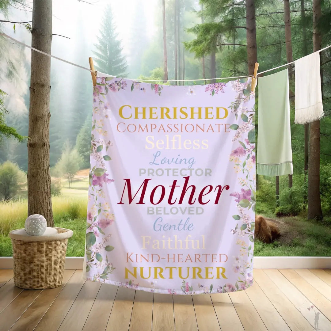 Elegant Mother’s Day blanket in light purple tones with inspiring words. Forever Cherished Limited Edition design by Reach Love Connect Boutique