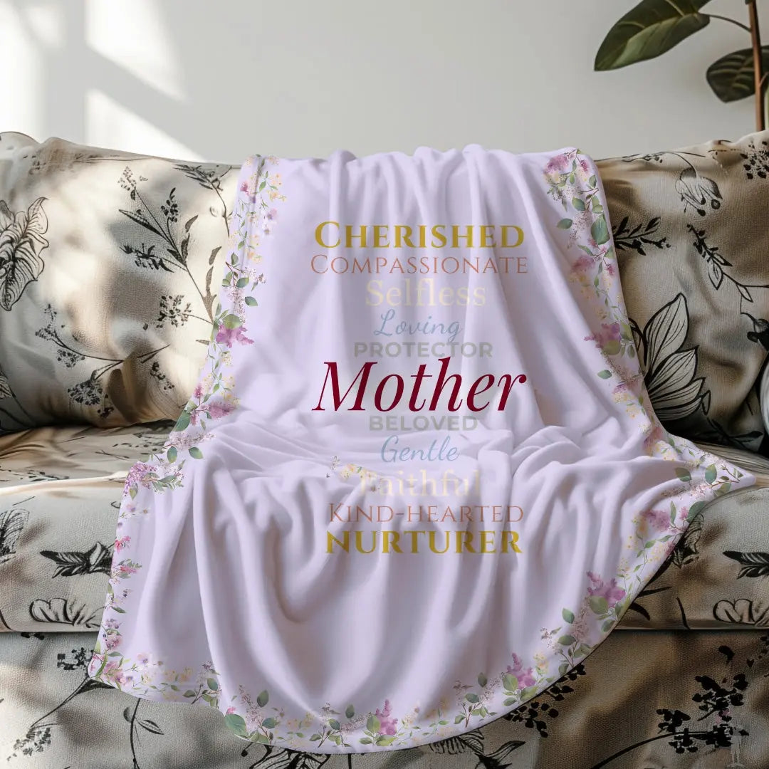 Soft purple Forever Cherished Mother’s Day throw with uplifting words and graceful style. Limited Edition blanket from Reach Love Connect Boutique